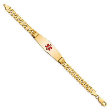 14K Yellow Gold Medical Solid Chain/Solid Plate Soft Diamond Shape 40X12mm Centered Red Enamel Curb Link 8 Inch Id Bracelet