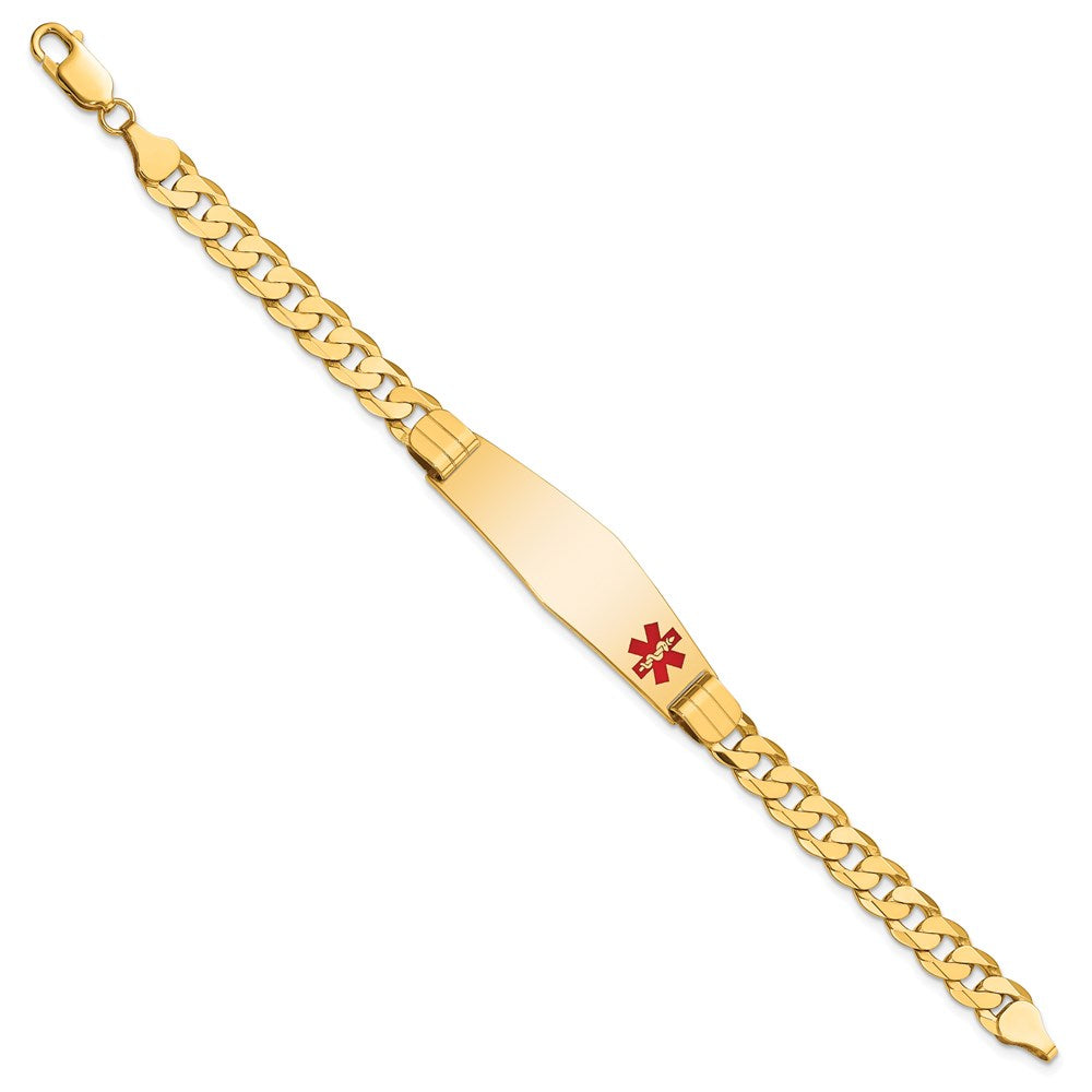 14K Yellow Gold Medical Solid Chain/Solid Plate Soft Diamond Shape 39X12mm Off Center Red Enamel Curb Link 8 Inch Id Bracelet