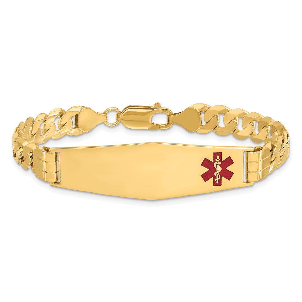 14K Yellow Gold Medical Solid Chain/Solid Plate Soft Diamond Shape 39X12mm Off Center Red Enamel Curb Link 8 Inch Id Bracelet