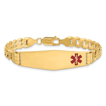 14K Yellow Gold Medical Solid Chain/Solid Plate Soft Diamond Shape 39X12mm Off Center Red Enamel Curb Link 7 Inch Id Bracelet