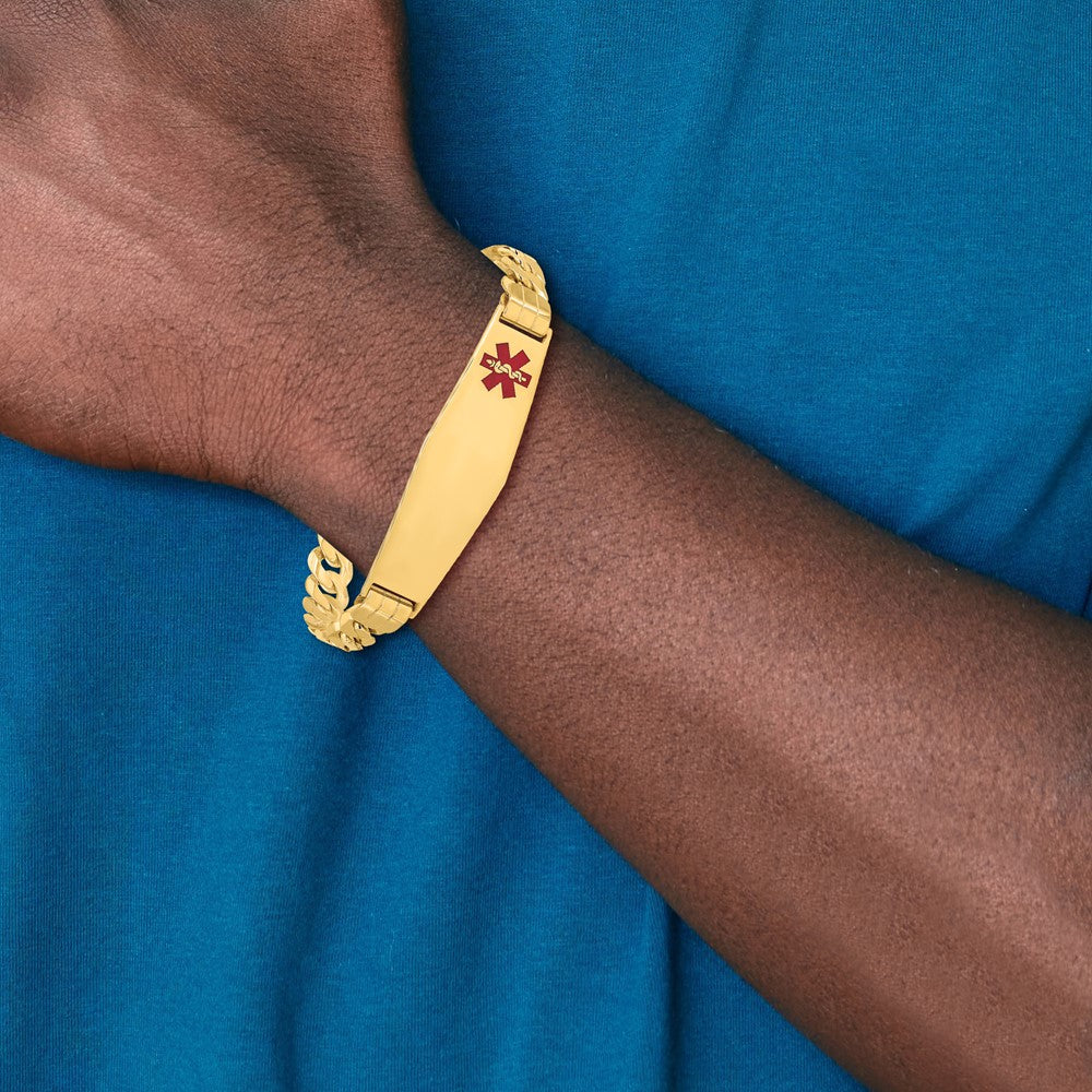 14K Yellow Gold Medical Solid Chain/Solid Plate Soft Diamond Shape 39X12mm Off Center Red Enamel Curb Link 7 Inch Id Bracelet