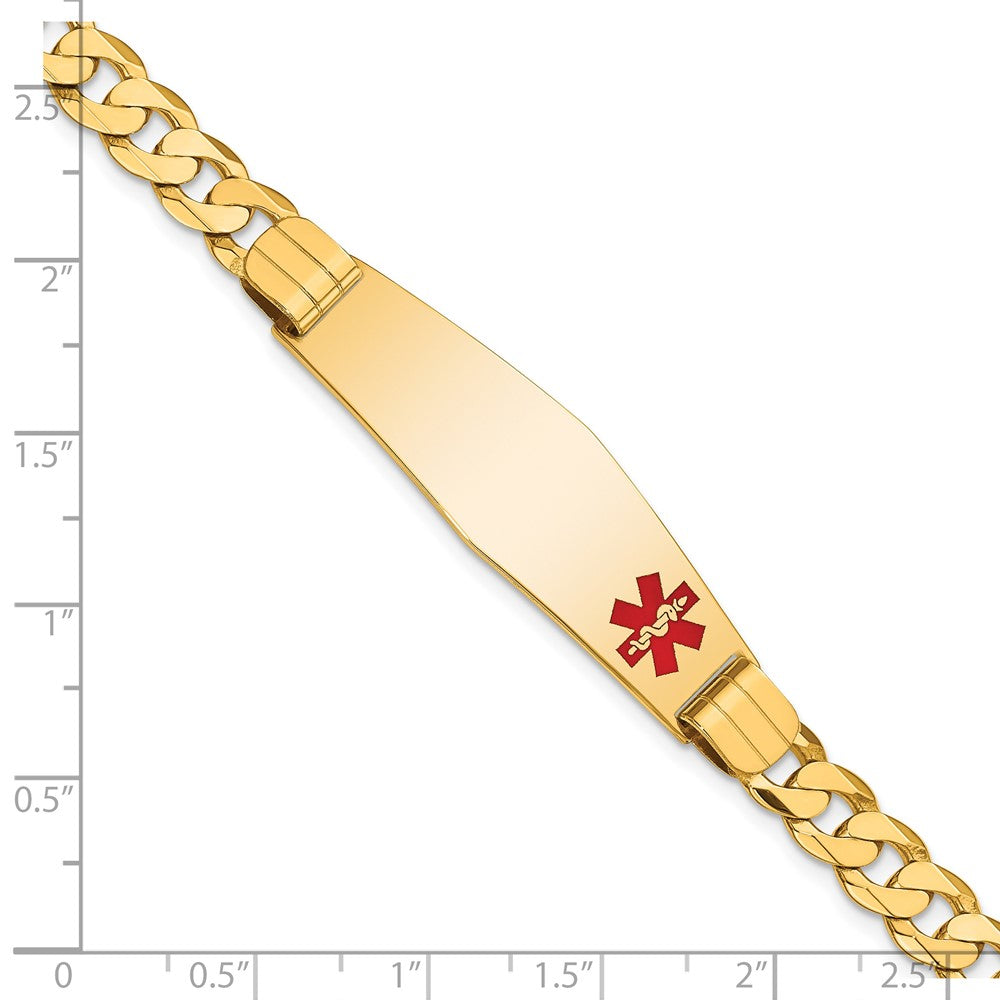 14K Yellow Gold Medical Solid Chain/Solid Plate Soft Diamond Shape 39X12mm Off Center Red Enamel Curb Link 7 Inch Id Bracelet