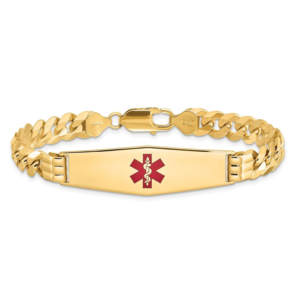 14K Yellow Gold Medical Solid Chain/Solid Plate Soft Diamond Shape 40X12mm Centered Red Enamel Flat Curb Link 8 Inch Id Bracelet