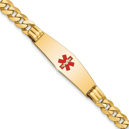 14K Yellow Gold Medical Solid Chain/Solid Plate Soft Diamond Shape 40X12mm Centered Red Enamel Flat Curb Link 8 Inch Id Bracelet
