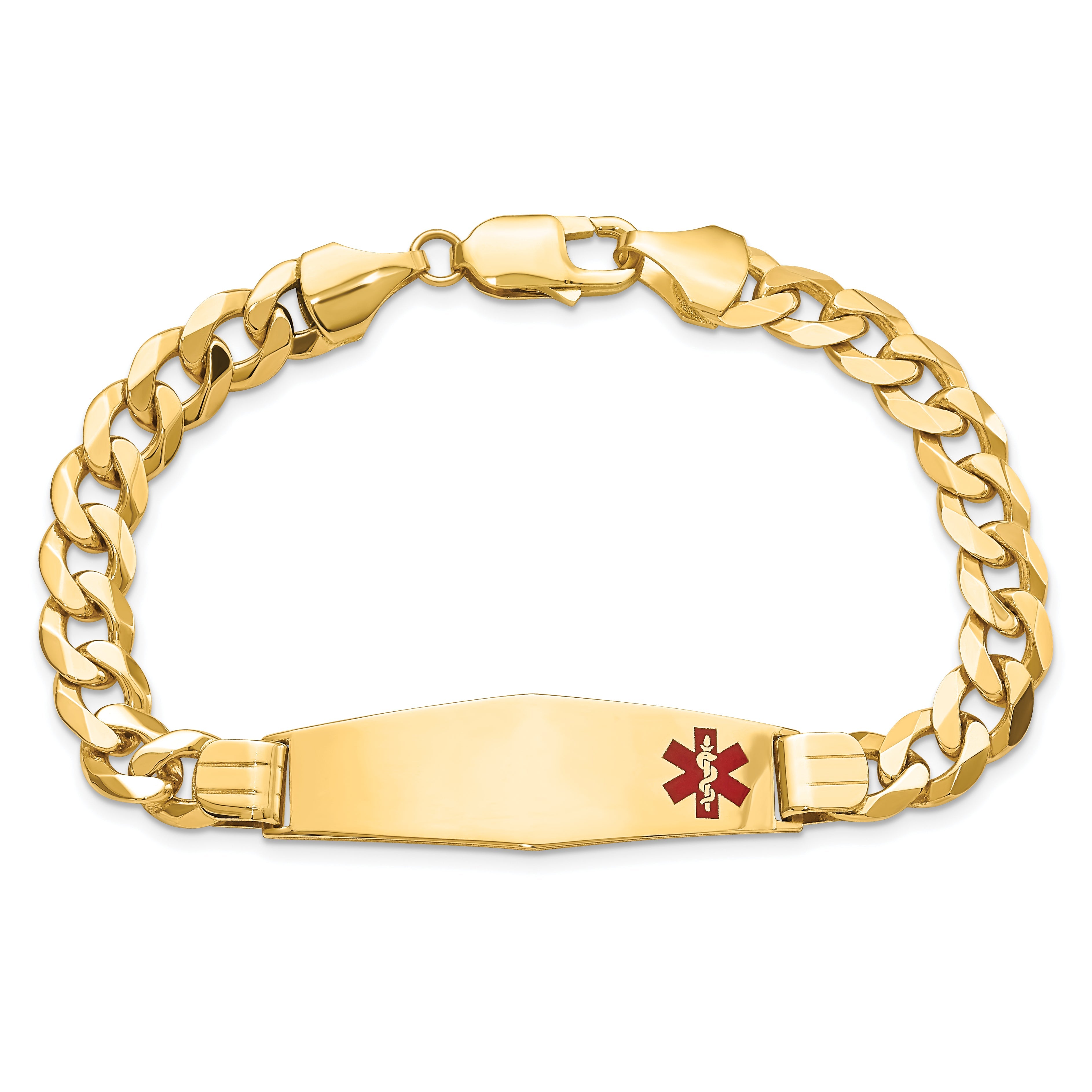 14K Yellow Gold Medical Solid Chain/Solid Plate Soft Diamond Shape 39X12mm Off Center Red Enamel Flat Curb Link 8 Inch Id Bracelet