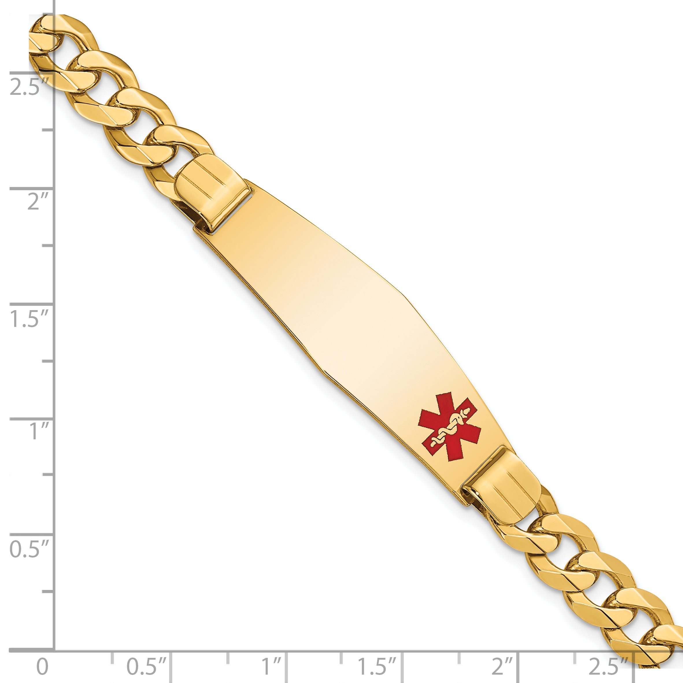 14K Yellow Gold Medical Solid Chain/Solid Plate Soft Diamond Shape 39X12mm Off Center Red Enamel Flat Curb Link 8 Inch Id Bracelet
