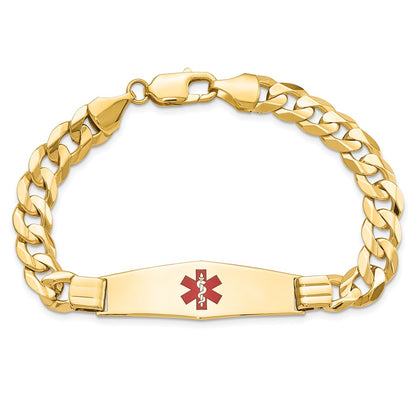 14K Yellow Gold Medical Solid Chain/Solid Plate Soft Diamond Shape 40X12mm Centered Red Enamel Curb Link 8 Inch Id Bracelet