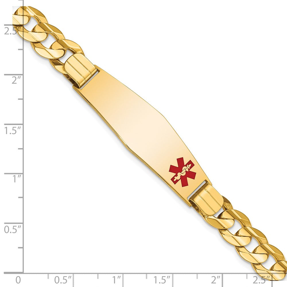 14K Yellow Gold Medical Solid Chain/Solid Plate Soft Diamond Shape 39X12mm Off Center Red Enamel Curb Link 8 Inch Id Bracelet