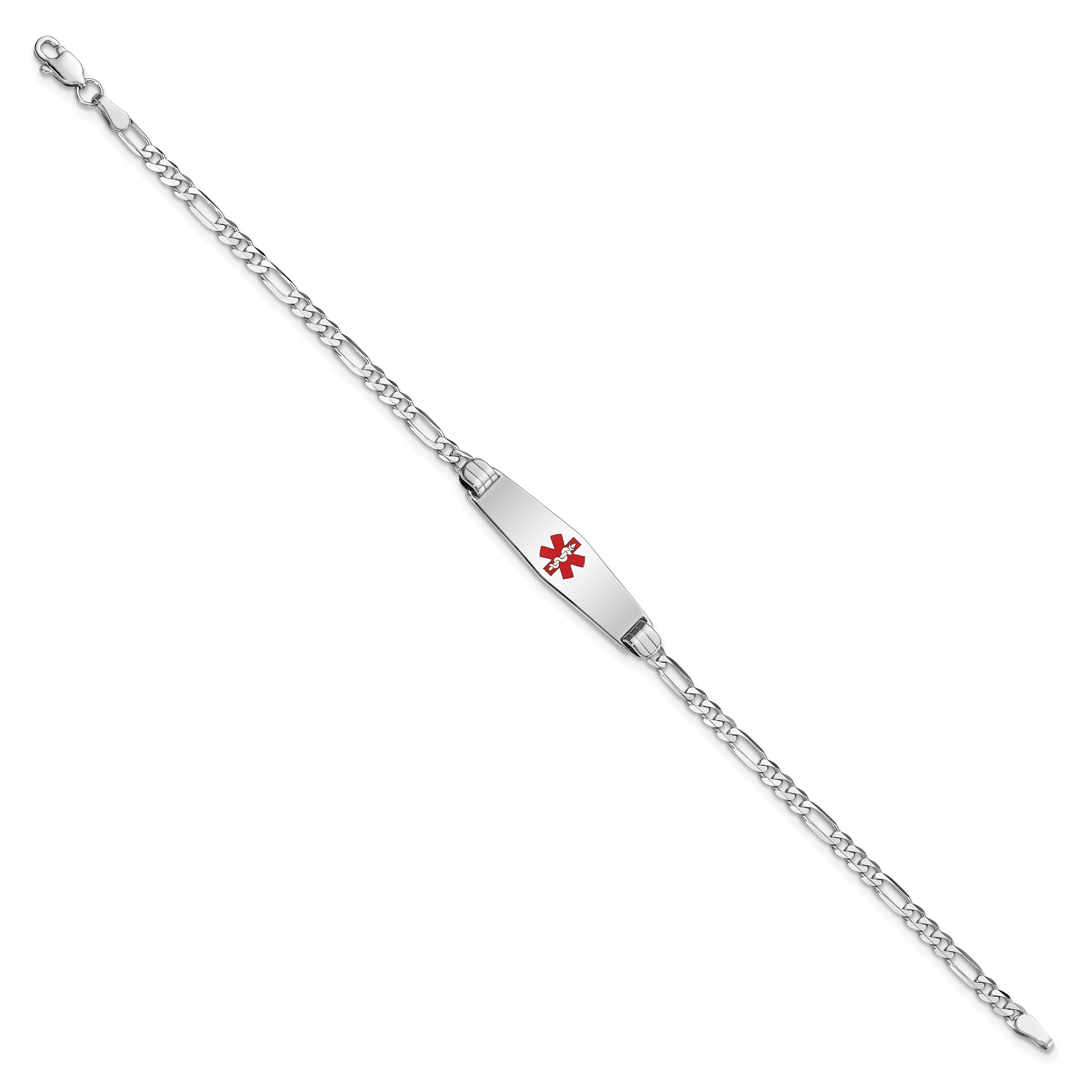 14K White Gold Medical Solid Chain/Solid Plate 24X7mm Soft Diamond Shape Centered Red Enamel Figaro Link Id Bracelet