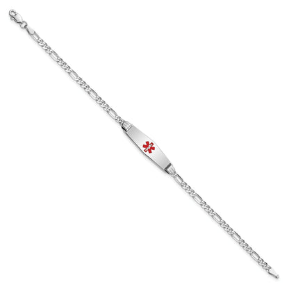 14K White Gold Medical Solid Chain/Solid Plate 24X7mm Soft Diamond Shape Centered Red Enamel Figaro Link Id Bracelet