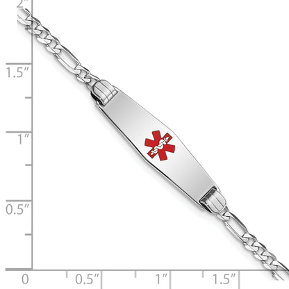 14K White Gold Medical Solid Chain/Solid Plate 24X7mm Soft Diamond Shape Centered Red Enamel Figaro Link 7 Inch Id Bracelet