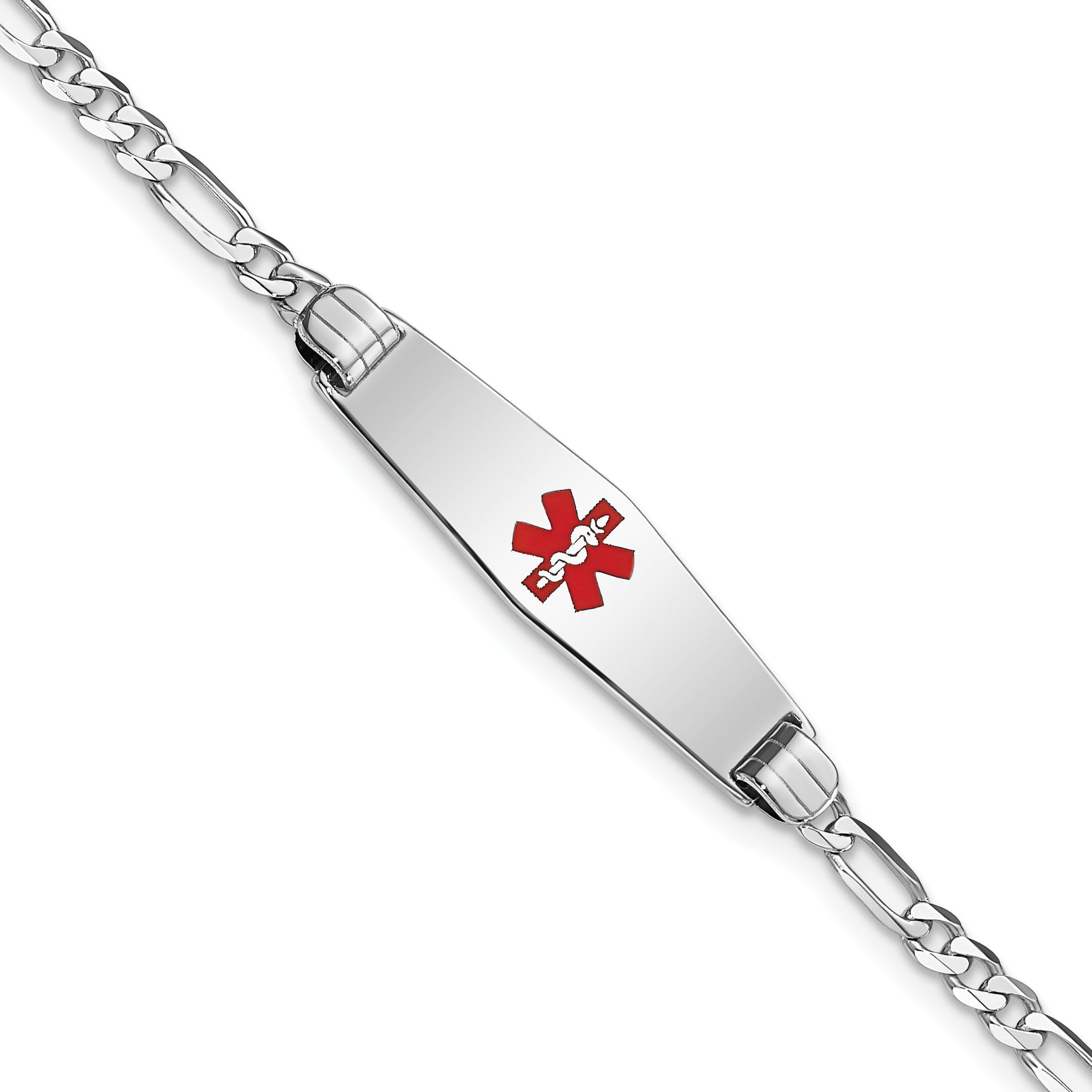 14K White Gold Medical Solid Chain/Solid Plate 24X7mm Soft Diamond Shape Centered Red Enamel Figaro Link Id Bracelet