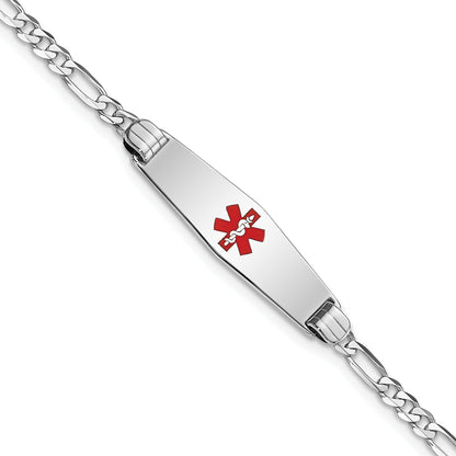 14K White Gold Medical Solid Chain/Solid Plate 24X7mm Soft Diamond Shape Centered Red Enamel Figaro Link Id Bracelet