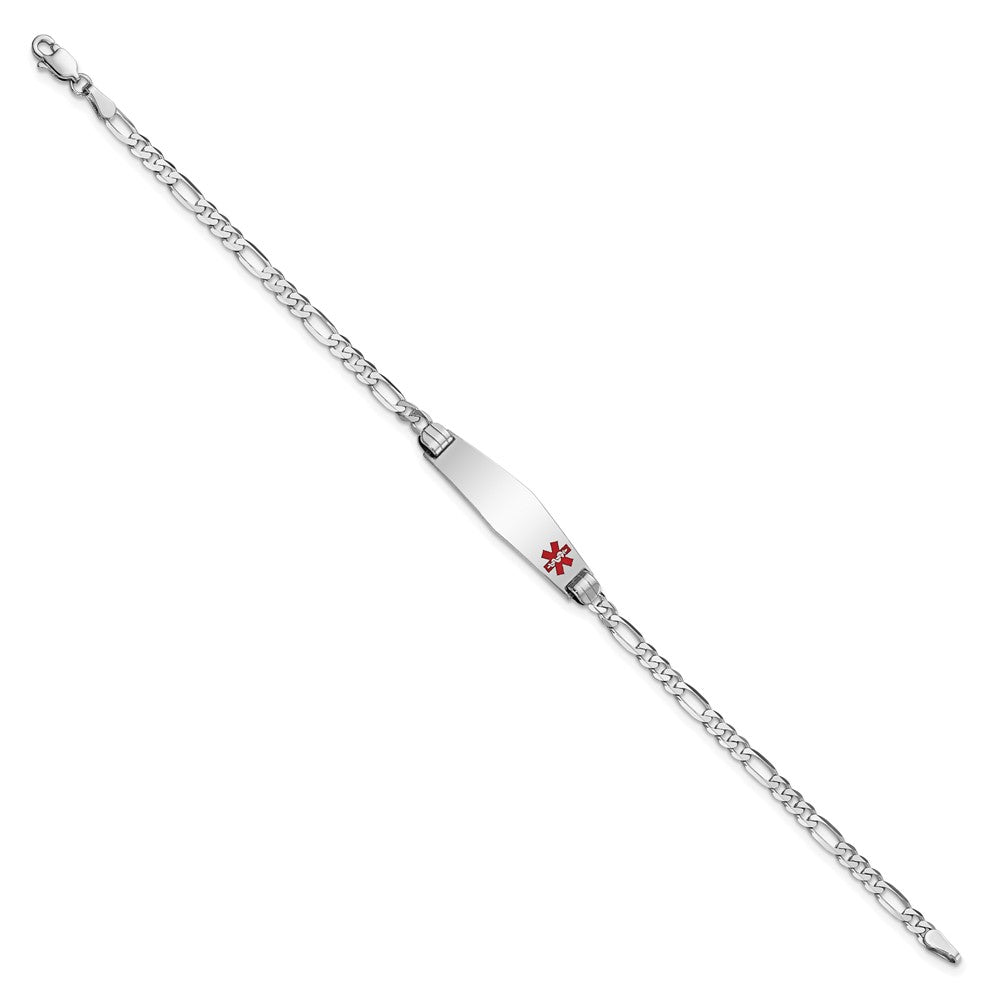 14K White Gold Medical Solid Chain/Solid Plate 26X7mm Soft Diamond Shape Off Center Red Enamel Figaro Link 8 Inch Id Bracelet