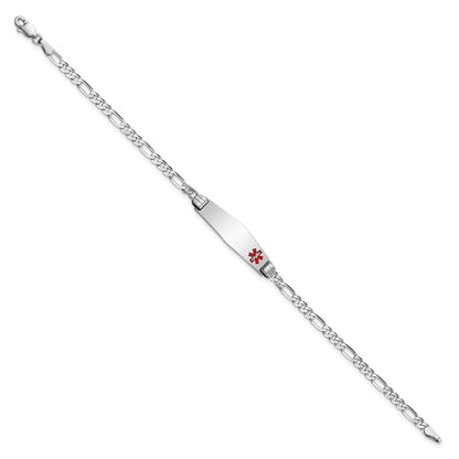 14K White Gold Medical Solid Chain/Solid Plate 26X7mm Soft Diamond Shape Off Center Red Enamel Figaro Link 8 Inch Id Bracelet