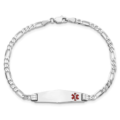14K White Gold Medical Solid Chain/Solid Plate 26X7mm Soft Diamond Shape Off Center Red Enamel Figaro Link 8 Inch Id Bracelet