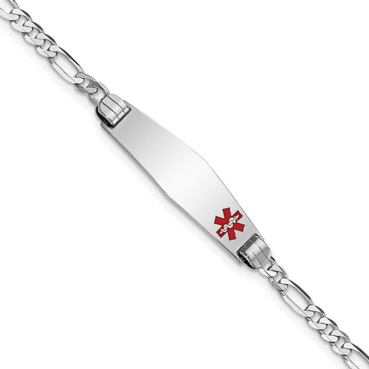 14K White Gold Medical Solid Chain/Solid Plate 26X7mm Soft Diamond Shape Off Center Red Enamel Figaro Link 8 Inch Id Bracelet