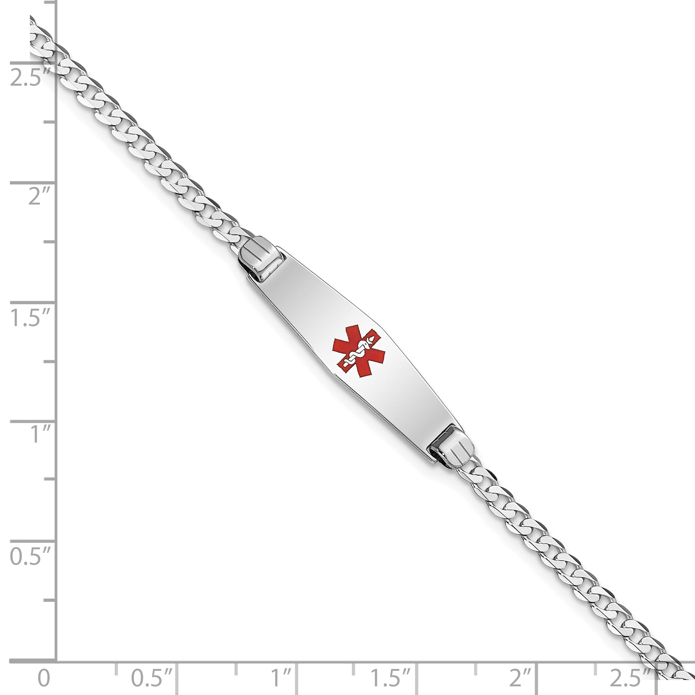 14K White Gold Medical Solid Chain/Solid Plate 24X7mm Soft Diamond Shape Centered Red Enamel Flat Curb Link 8 Inch Id Bracelet