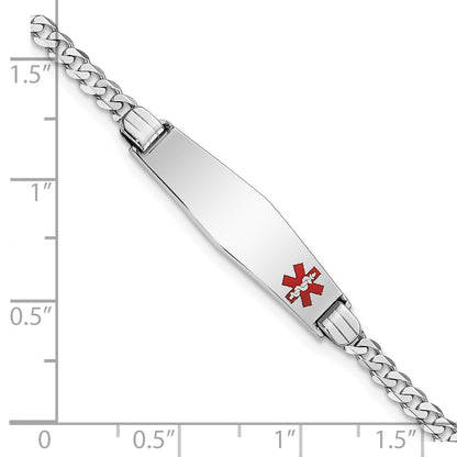 14K White Gold Medical Solid Chain/Solid Plate 26X7mm Soft Diamond Shape Off Center Red Enamel Flat Curb Link 8 Inch Id Bracelet