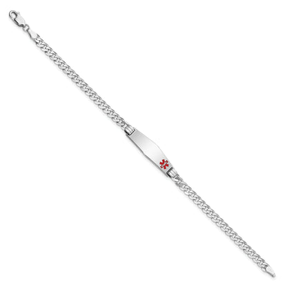 14K White Gold Medical Solid Chain/Solid Plate 26X7mm Soft Diamond Shape Off Center Red Enamel Flat Curb Link 7 Inch Id Bracelet