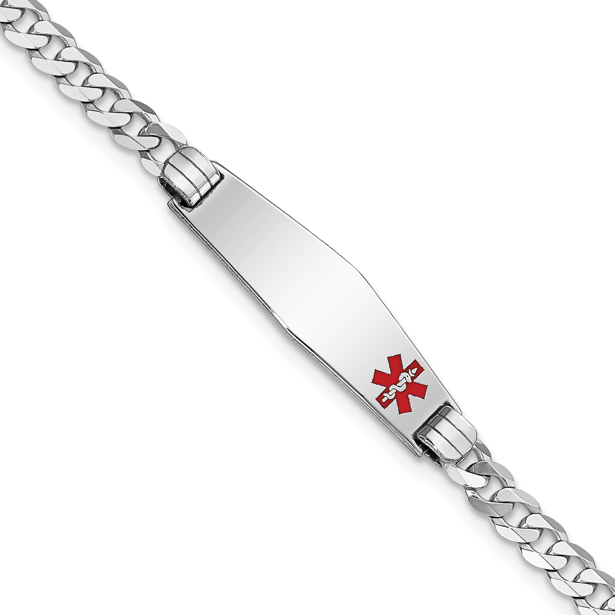 14K White Gold Medical Solid Chain/Solid Plate 26X7mm Soft Diamond Shape Off Center Red Enamel Flat Curb Link 7 Inch Id Bracelet