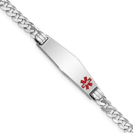 14K White Gold Medical Solid Chain/Solid Plate 26X7mm Soft Diamond Shape Off Center Red Enamel Flat Curb Link 8 Inch Id Bracelet