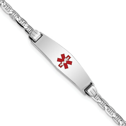 14K White Gold Medical Solid Chain/Solid Plate 24X7mm Soft Diamond Shape Centered Red Enamel Anchor Link 7 Inch Id Bracelet
