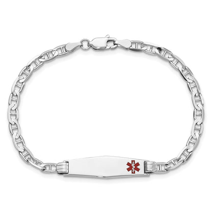 14K White Gold Medical Solid Chain/Solid Plate 26X7mm Soft Diamond Shape Off Center Red Enamel Anchor Link 8 Inch Id Bracelet