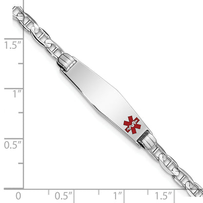 14K White Gold Medical Solid Chain/Solid Plate 26X7mm Soft Diamond Shape Off Center Red Enamel Anchor Link 7 Inch Id Bracelet