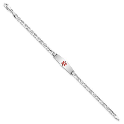 14K White Gold Medical Solid Chain/Solid Plate 24X7mm Soft Diamond Shape Centered Red Enamel Anchor Link 7 Inch Id Bracelet