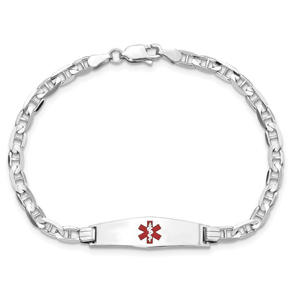 14K White Gold Medical Solid Chain/Solid Plate 24X7mm Soft Diamond Shape Centered Red Enamel Anchor Link 7 Inch Id Bracelet