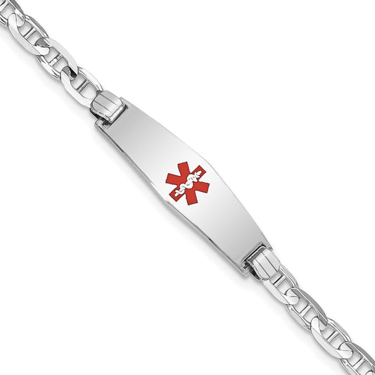 14K White Gold Medical Solid Chain/Solid Plate 24X7mm Soft Diamond Shape Centered Red Enamel Anchor Link 7 Inch Id Bracelet