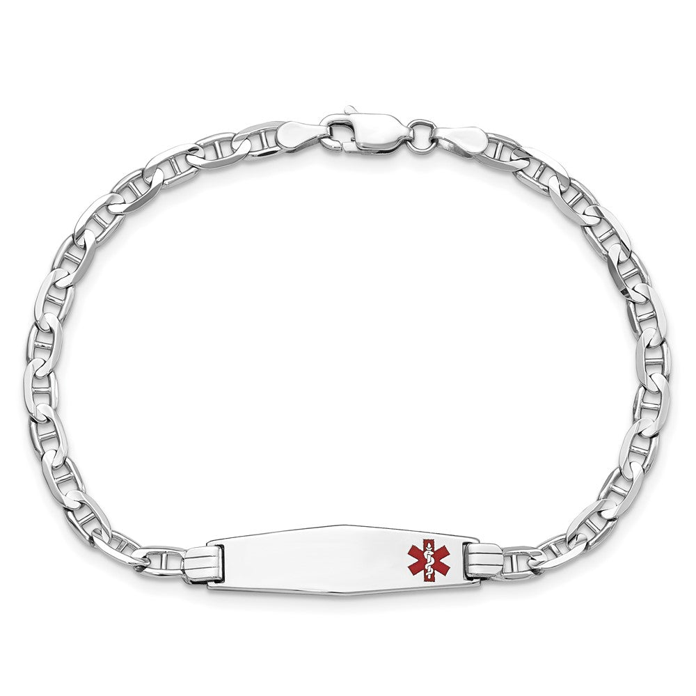 14K White Gold Medical Solid Chain/Solid Plate 26X7mm Soft Diamond Shape Off Center Red Enamel Anchor Link 8 Inch Id Bracelet