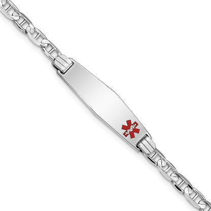 14K White Gold Medical Solid Chain/Solid Plate 26X7mm Soft Diamond Shape Off Center Red Enamel Anchor Link 8 Inch Id Bracelet