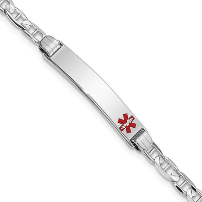 14K White Gold Medical Solid Chain/Solid Plate 26X5mm Off Center Red Enamel Anchor Link 7 Inch Id Bracelet