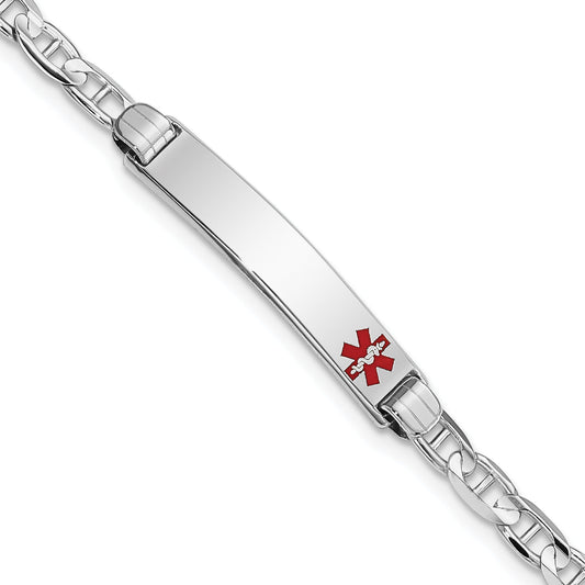 14K White Gold Medical Solid Chain/Solid Plate 26X5mm Off Center Red Enamel Anchor Link 7 Inch Id Bracelet