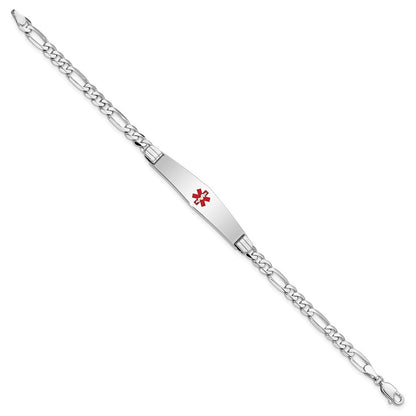 14K White Gold Medical Solid Chain/Solid Plate Soft Diamond Shape 36X9mm Centered Red Enamel Figaro Link 7 Inch Id Bracelet