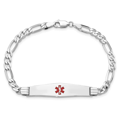 14K White Gold Medical Solid Chain/Solid Plate Soft Diamond Shape 36X9mm Centered Red Enamel Figaro Link 8 Inch Id Bracelet