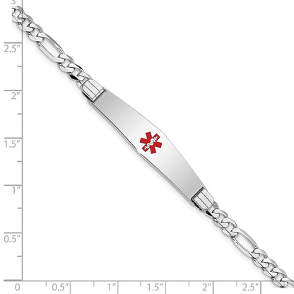 14K White Gold Medical Solid Chain/Solid Plate Soft Diamond Shape 36X9mm Centered Red Enamel Figaro Link 7 Inch Id Bracelet