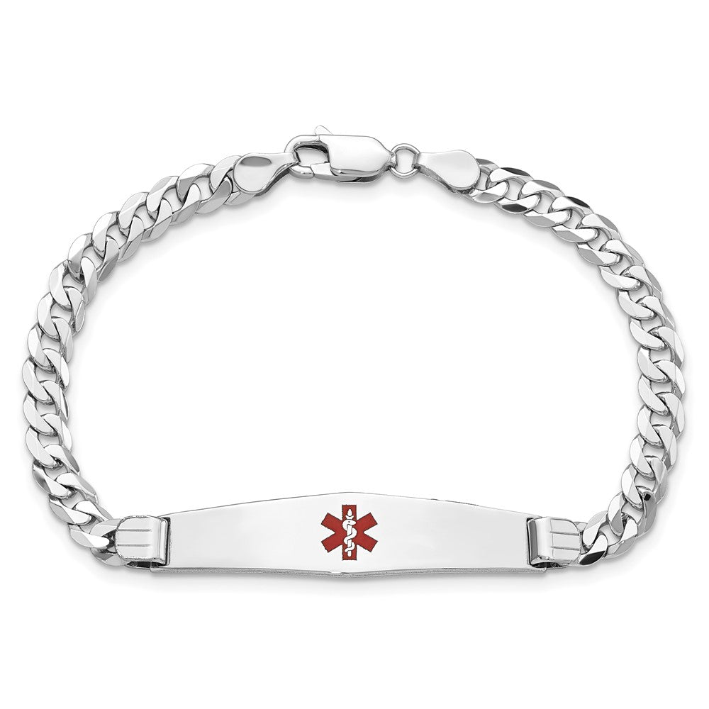14K White Gold Medical Solid Chain/Solid Plate Soft Diamond Shape 36X9mm Centered Red Enamel Flat Curb Link 7 Inch Id Bracelet
