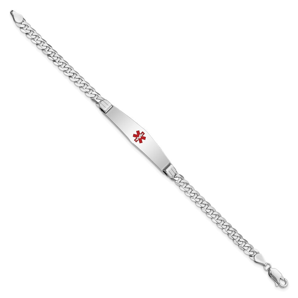 14K White Gold Medical Solid Chain/Solid Plate Soft Diamond Shape 36X9mm Centered Red Enamel Flat Curb Link 7 Inch Id Bracelet