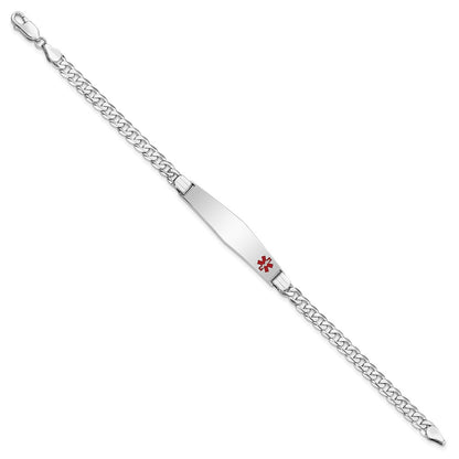 14K White Gold Medical Solid Chain/Solid Plate Soft Diamond Shape 37X9mm Off Center Red Enamel Flat Curb Link 7 Inch Id Bracelet
