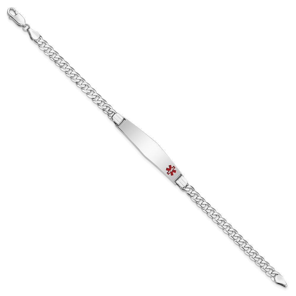 14K White Gold Medical Solid Chain/Solid Plate Soft Diamond Shape 37X9mm Off Center Red Enamel Flat Curb Link 8 Inch Id Bracelet