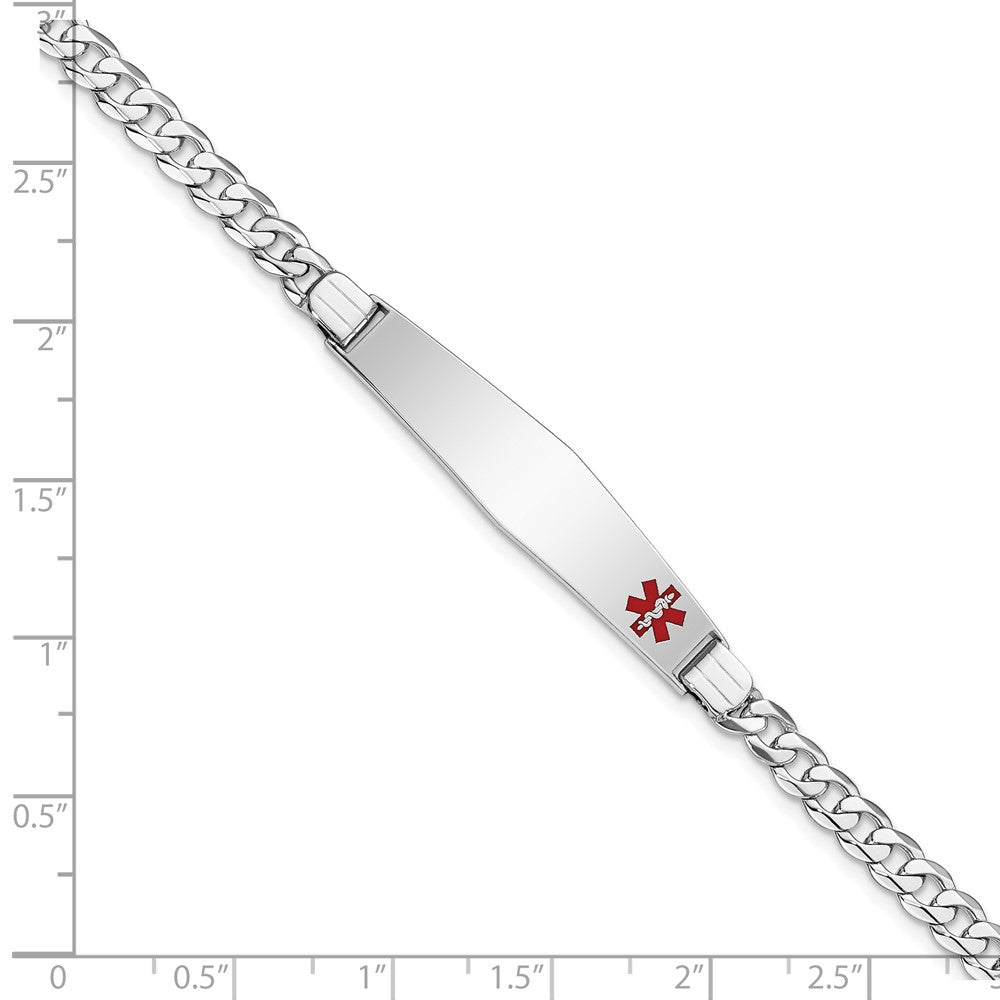 14K White Gold Medical Solid Chain/Solid Plate Soft Diamond Shape 37X9mm Off Center Red Enamel Flat Curb Link 8 Inch Id Bracelet