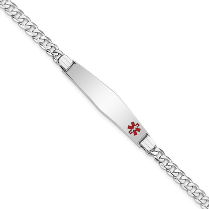 14K White Gold Medical Solid Chain/Solid Plate Soft Diamond Shape 37X9mm Off Center Red Enamel Flat Curb Link 7 Inch Id Bracelet