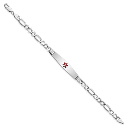 14K White Gold Medical Semi Solid Chain/Solid Plate Soft Diamond Shape 37X9mm Centered Red Enamel Figaro Link 8 Inch Id Bracelet