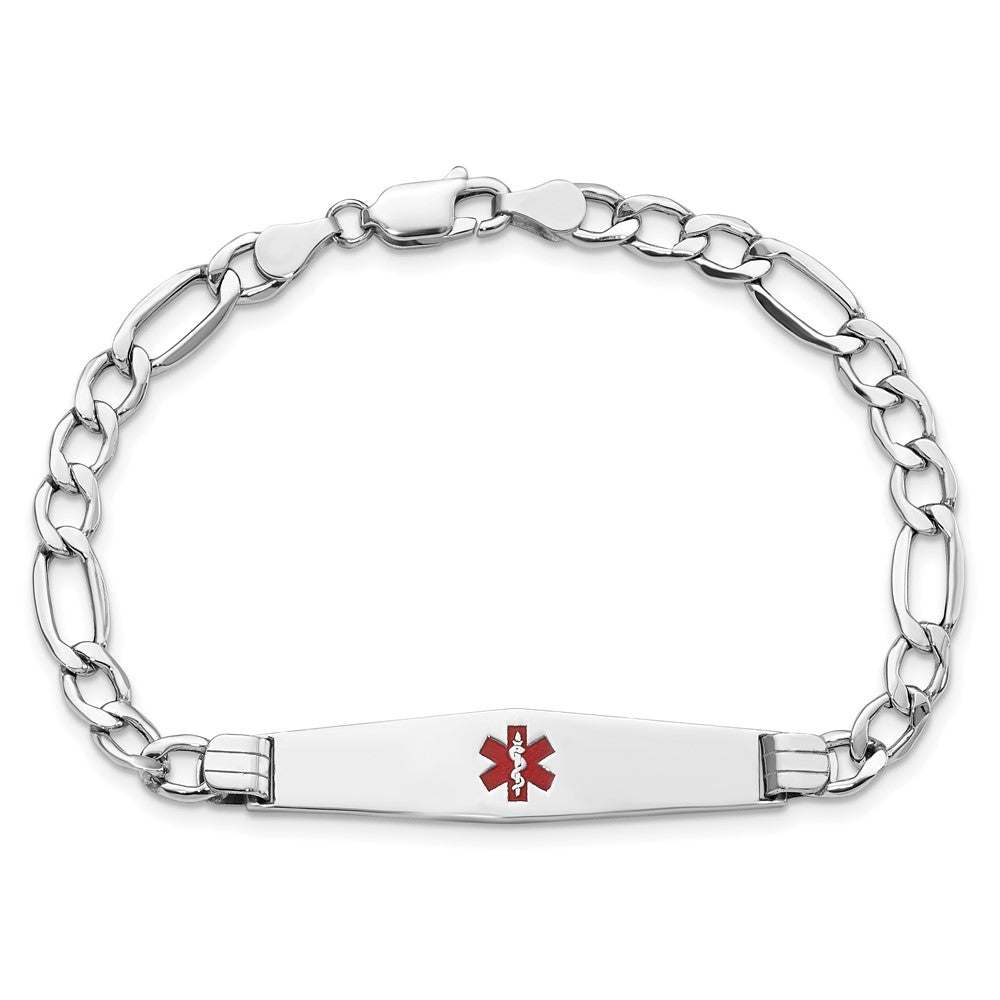 14K White Gold Medical Semi Solid Chain/Solid Plate Soft Diamond Shape 37X9mm Centered Red Enamel Figaro Link 8 Inch Id Bracelet