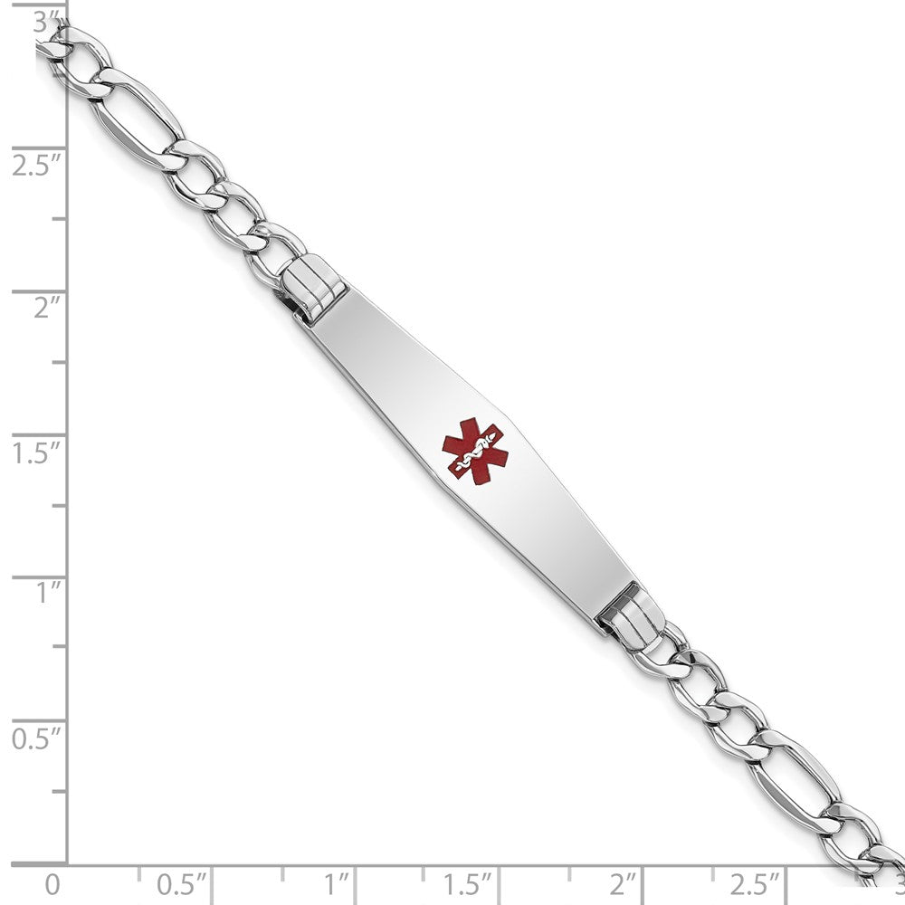 14K White Gold Medical Semi Solid Chain/Solid Plate Soft Diamond Shape 37X9mm Centered Red Enamel Figaro Link 8 Inch Id Bracelet