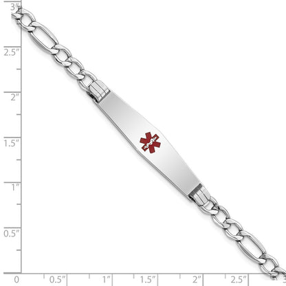 14K White Gold Medical Semi Solid Chain/Solid Plate Soft Diamond Shape 37X9mm Centered Red Enamel Figaro Link 7 Inch Id Bracelet
