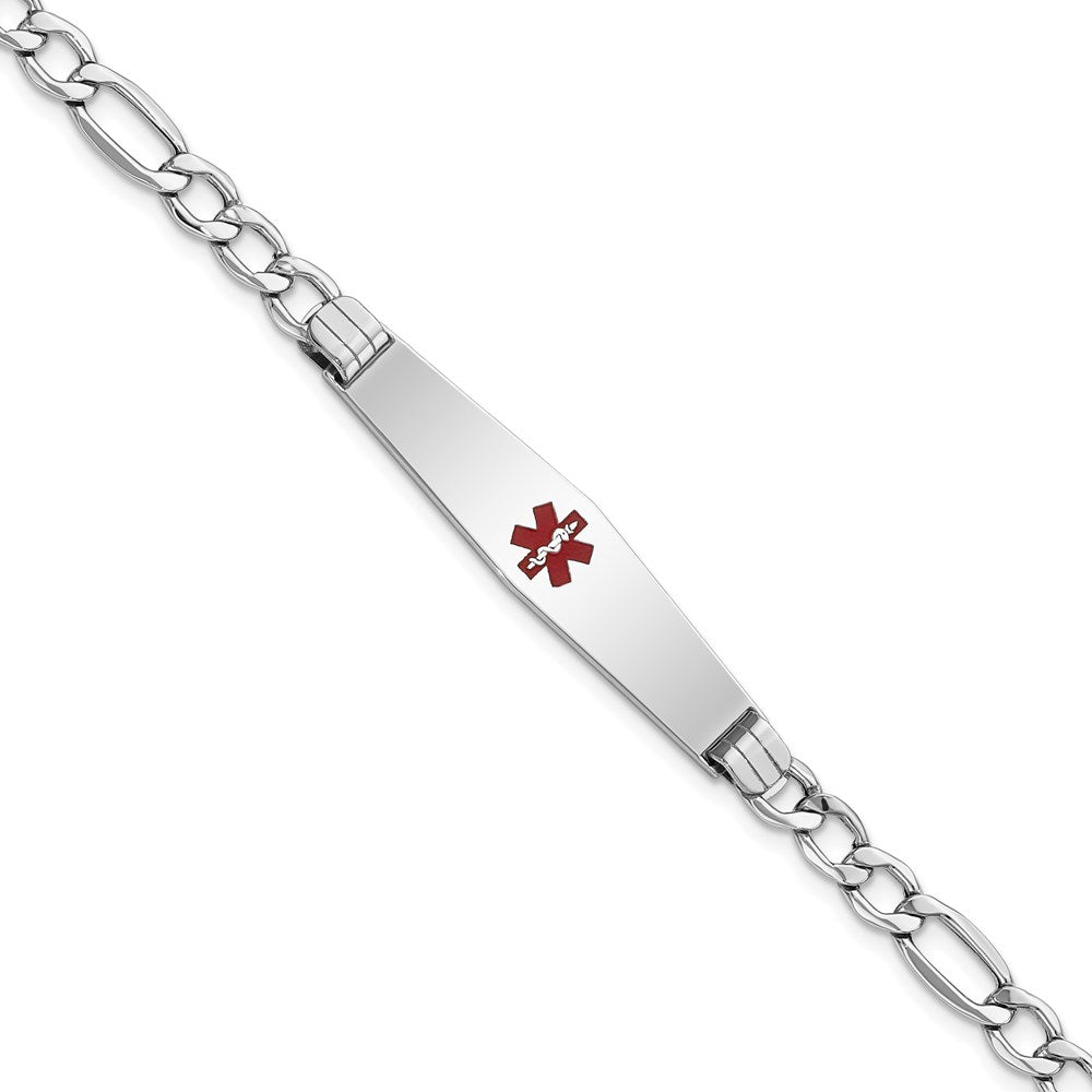 14K White Gold Medical Semi Solid Chain/Solid Plate Soft Diamond Shape 37X9mm Centered Red Enamel Figaro Link 7 Inch Id Bracelet